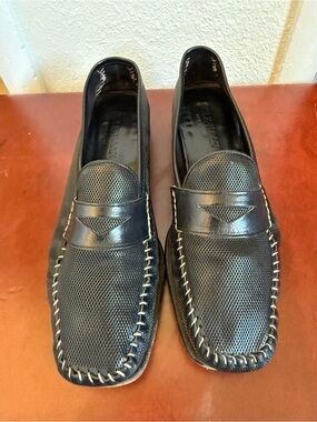Cole Haan Black Textured Leather Penny Loafers Whipstitch Moc Toe Size 6B